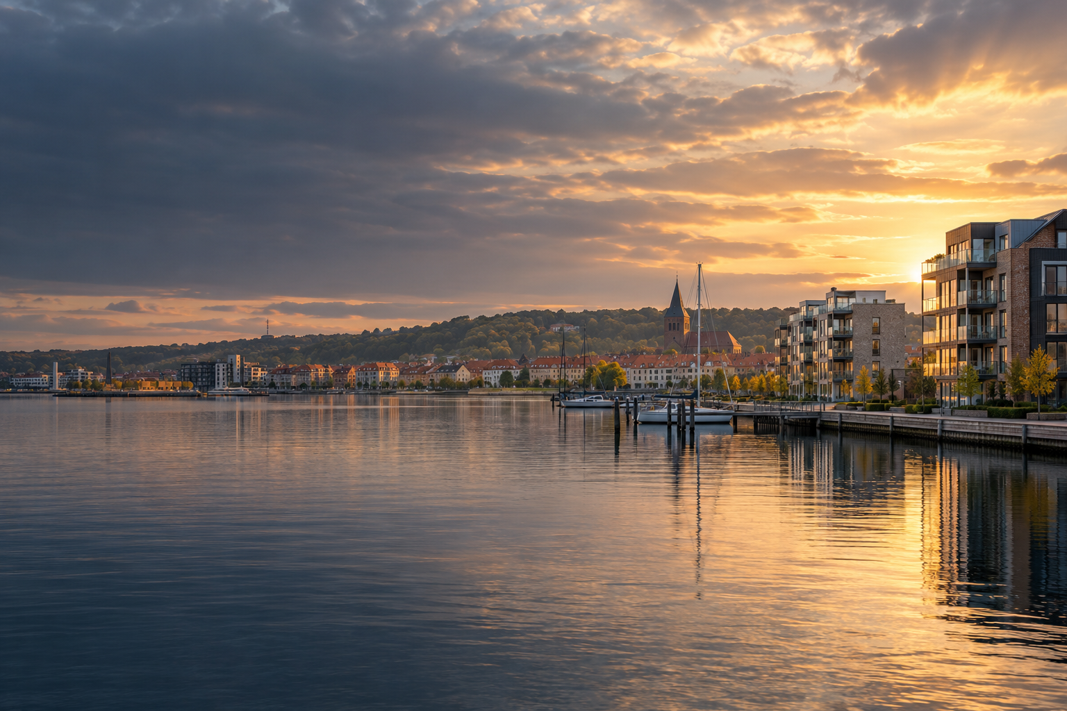AI-genereret redaktionelt bybillede inspireret af Horsens Havn